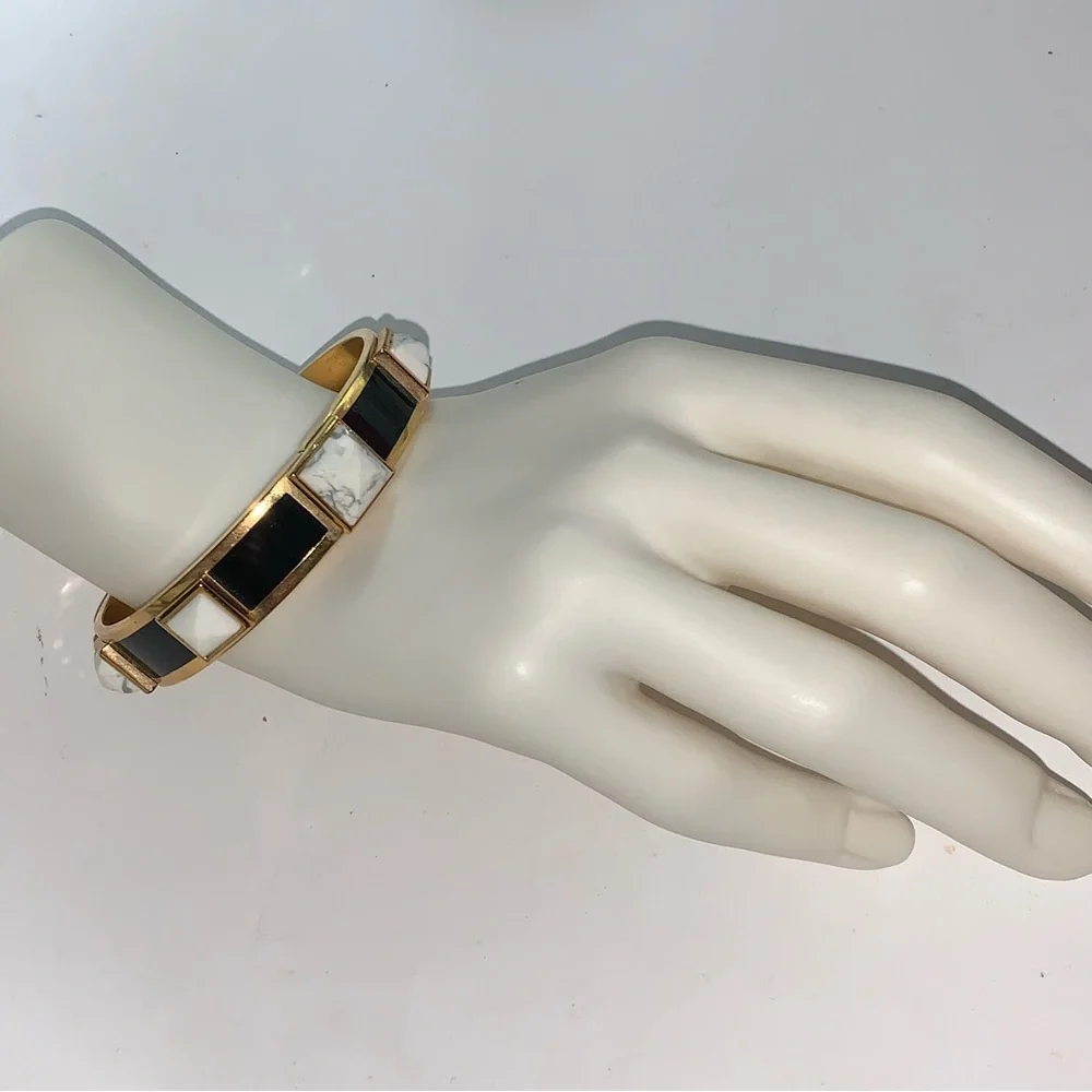 HENRI BENDEL 14k yellow gold plated CLICK CLACK cuff BRACELET w/stone STUDS - Picture 11 of 16
